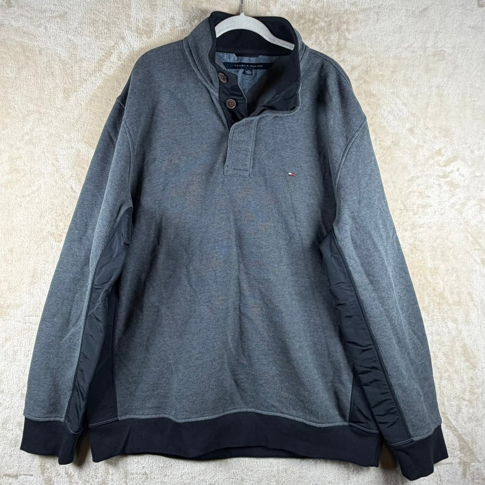 Tommy Hilfiger Mens XXL Gray Textured‎ Mock Neck Pullover Button Fleece Sweater